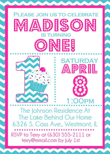 Girls Pink Cupcake 1st Birthday Party Invitations