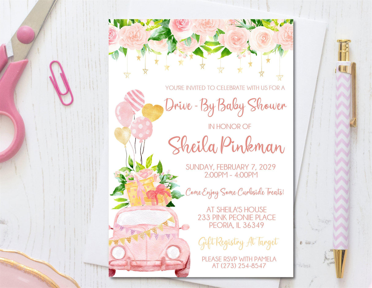 Girls Pink Drive By Baby Shower Invitations