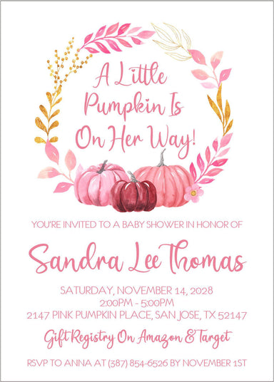 Girls Pink Pumpkin Fall Baby Shower Invitations