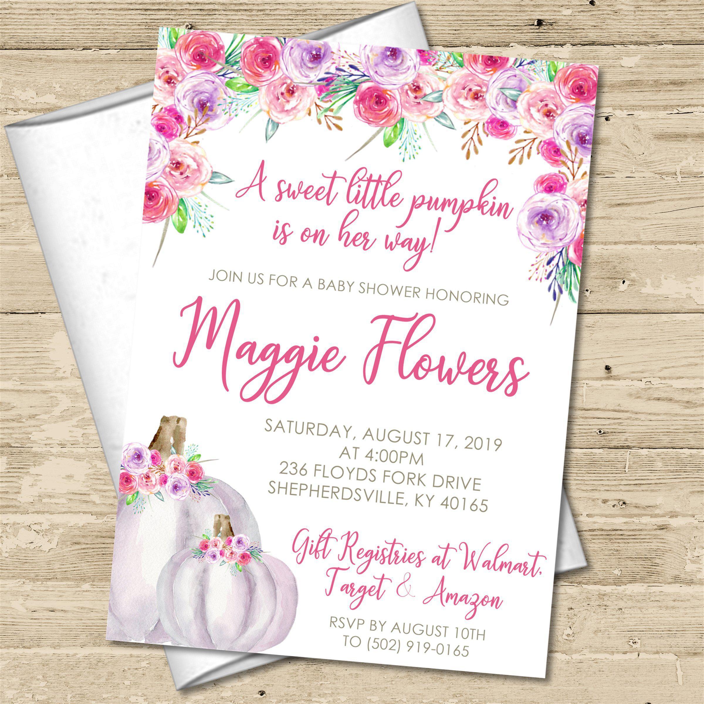 Girls Pink & Purple Pumpkin Fall Baby Shower Invitations