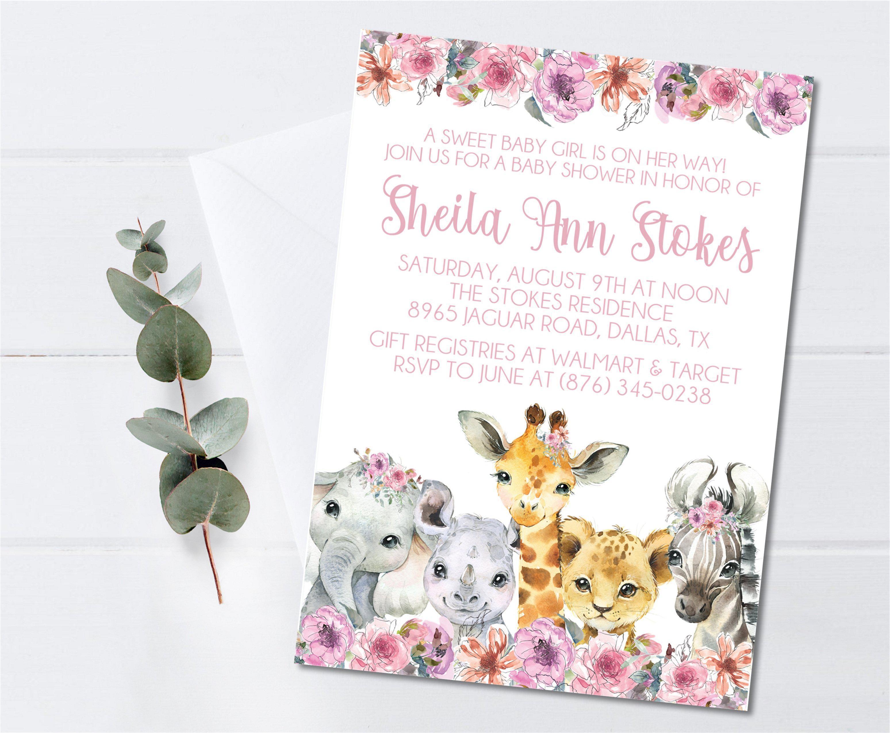 Girls Safari Animals Baby Shower Invitations