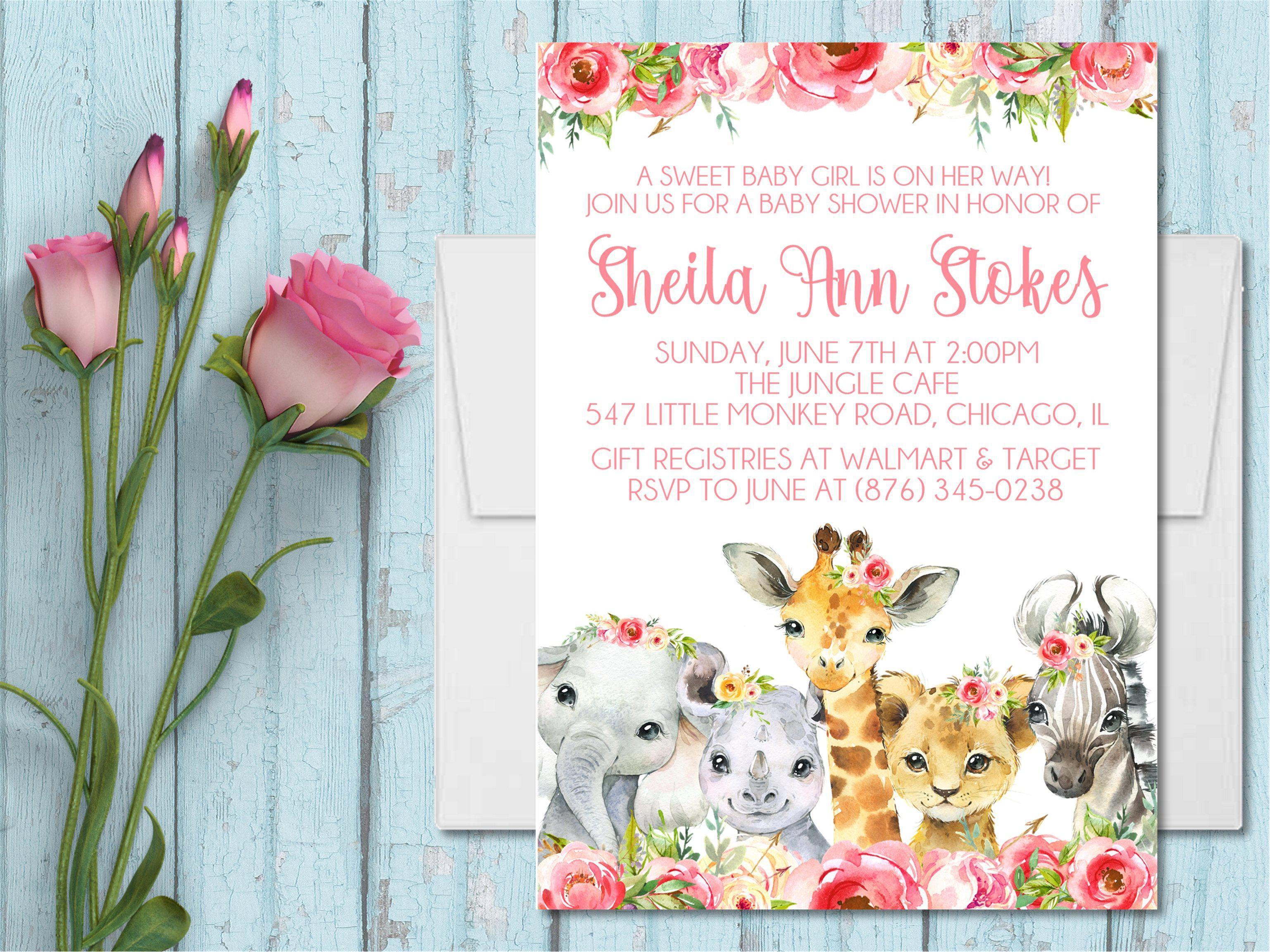 Girls Safari Animals Baby Shower Invitations