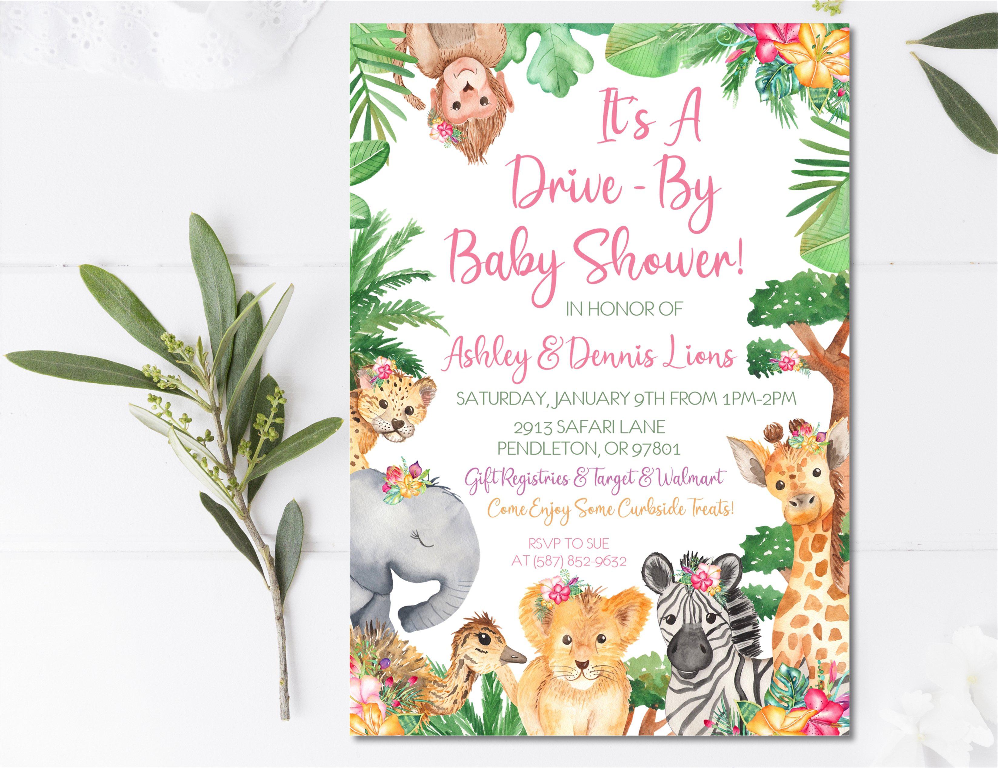 Girls Safari Animals Drive By Baby Shower Invitations