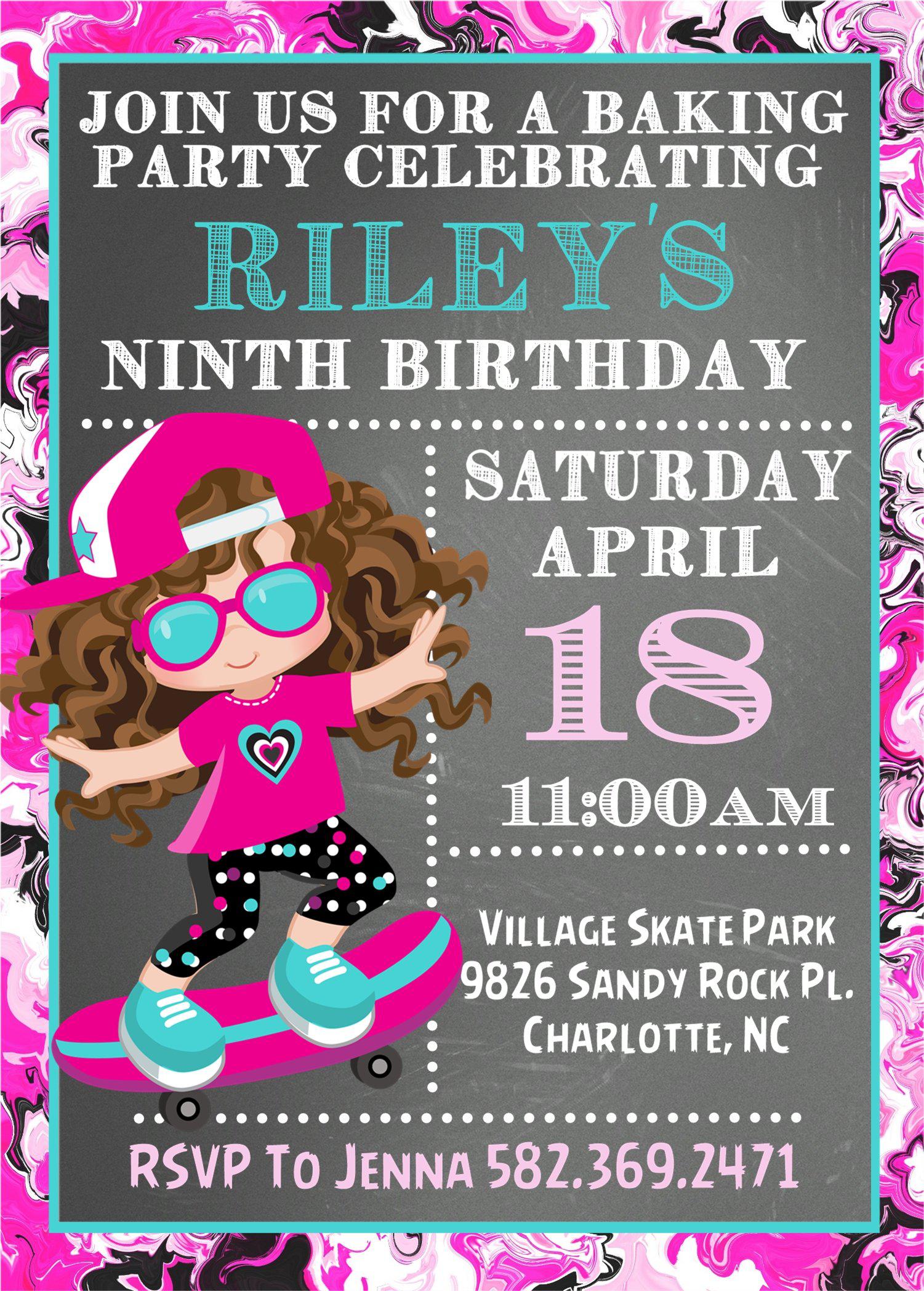 Girls Skateboard Birthday Party Invitations