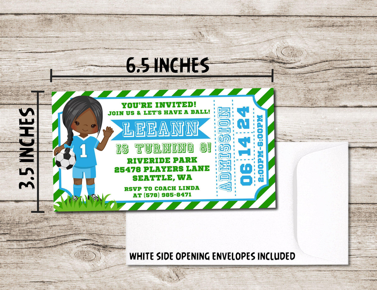 Girls Soccer Birthday Party Ticket Invitations