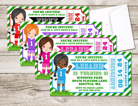 Girls Soccer Birthday Party Ticket Invitations