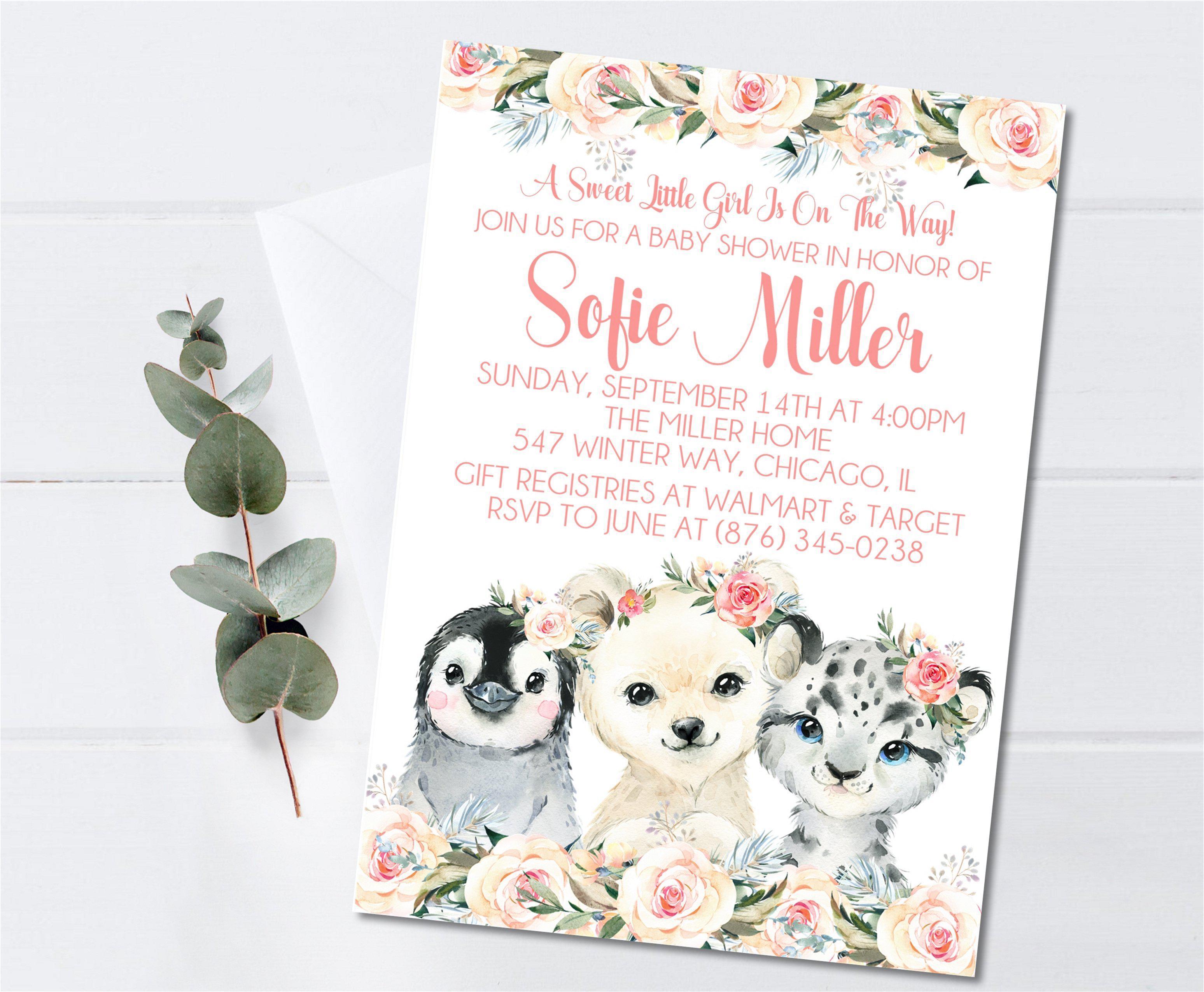 Girls Winter Arctic Animals Baby Shower Invitations