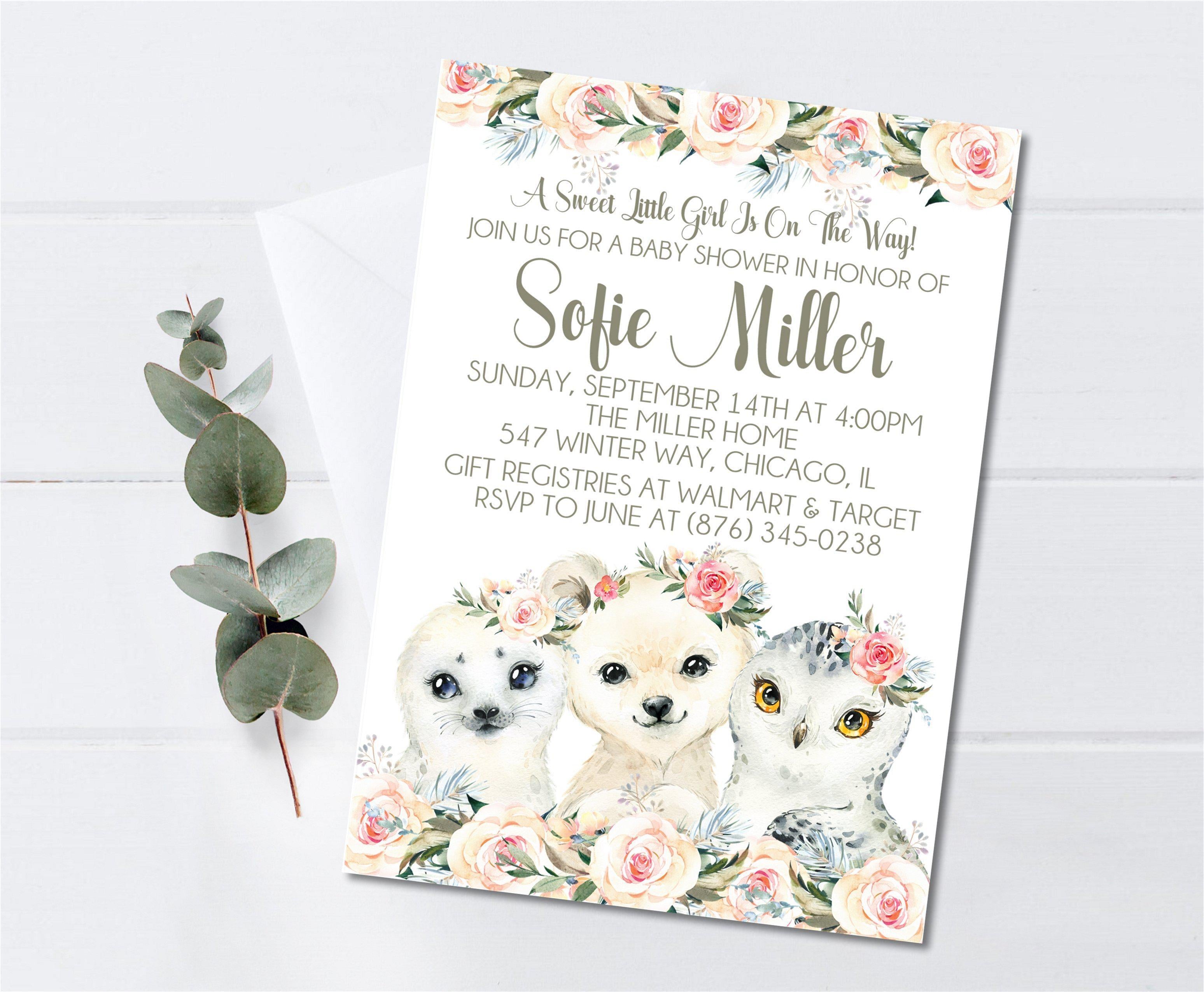 Girls Winter Arctic Animals Baby Shower Invitations