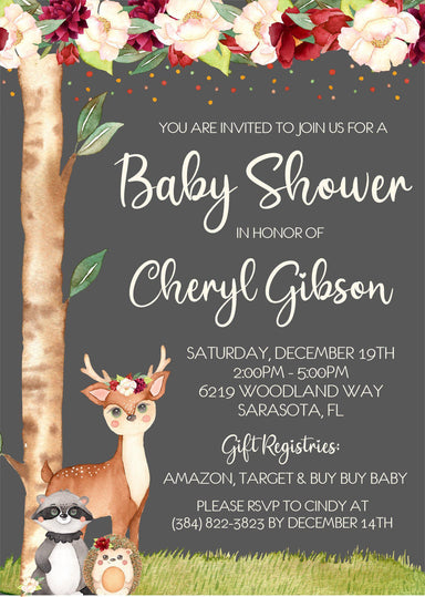 Girls Woodland Animals Baby Shower Invitations