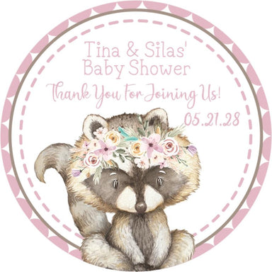 Girls Woodland Raccoon Baby Shower Stickers