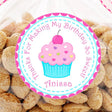 Girls cupcake party favor label with heart sprinkles
