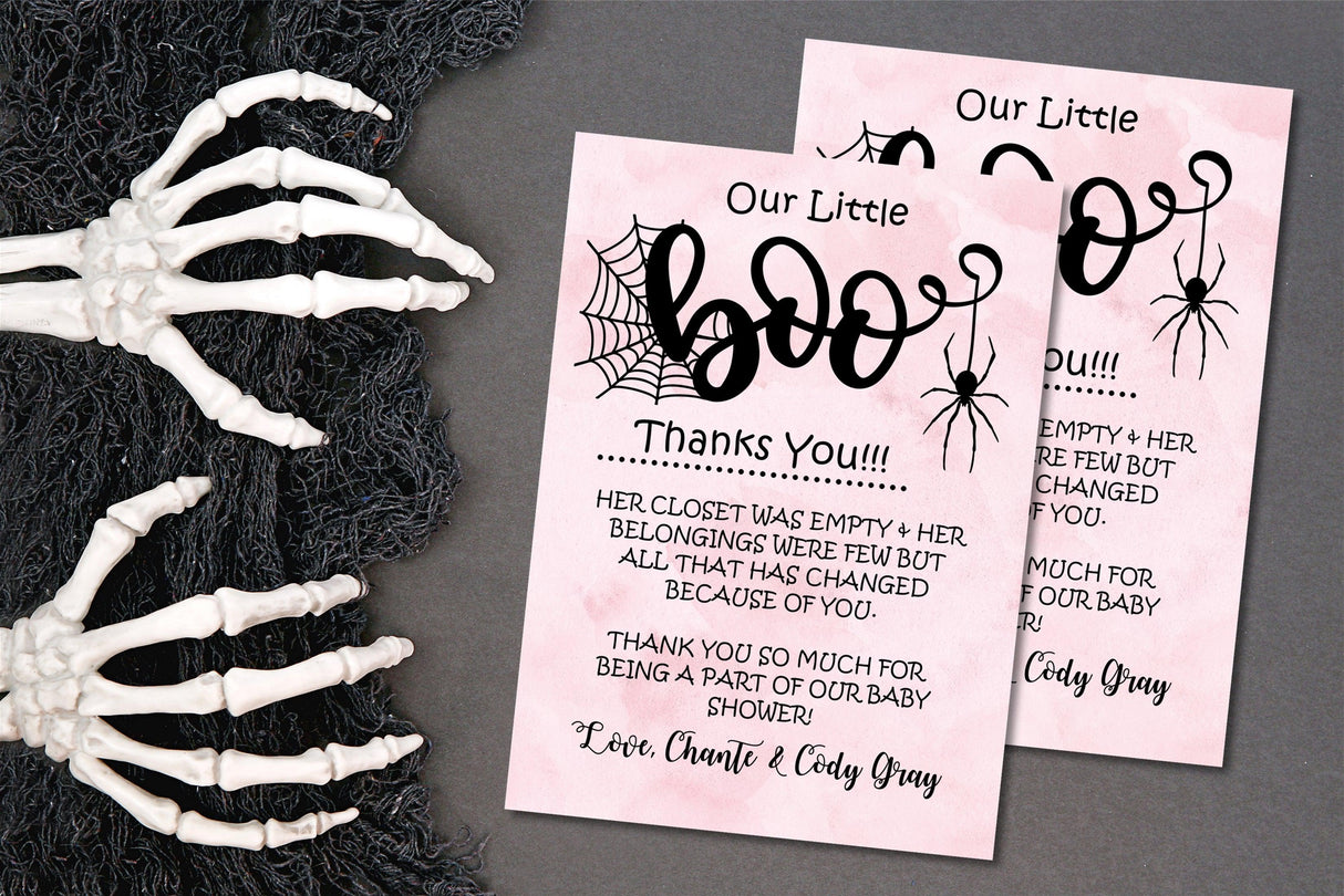 Girls pink halloween baby shower thank you cards