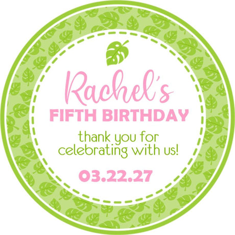Girls pink tropical leaf birthday sticker with personalized name