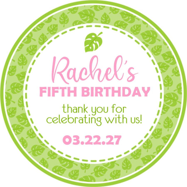 Girls pink tropical leaf birthday sticker with personalized name