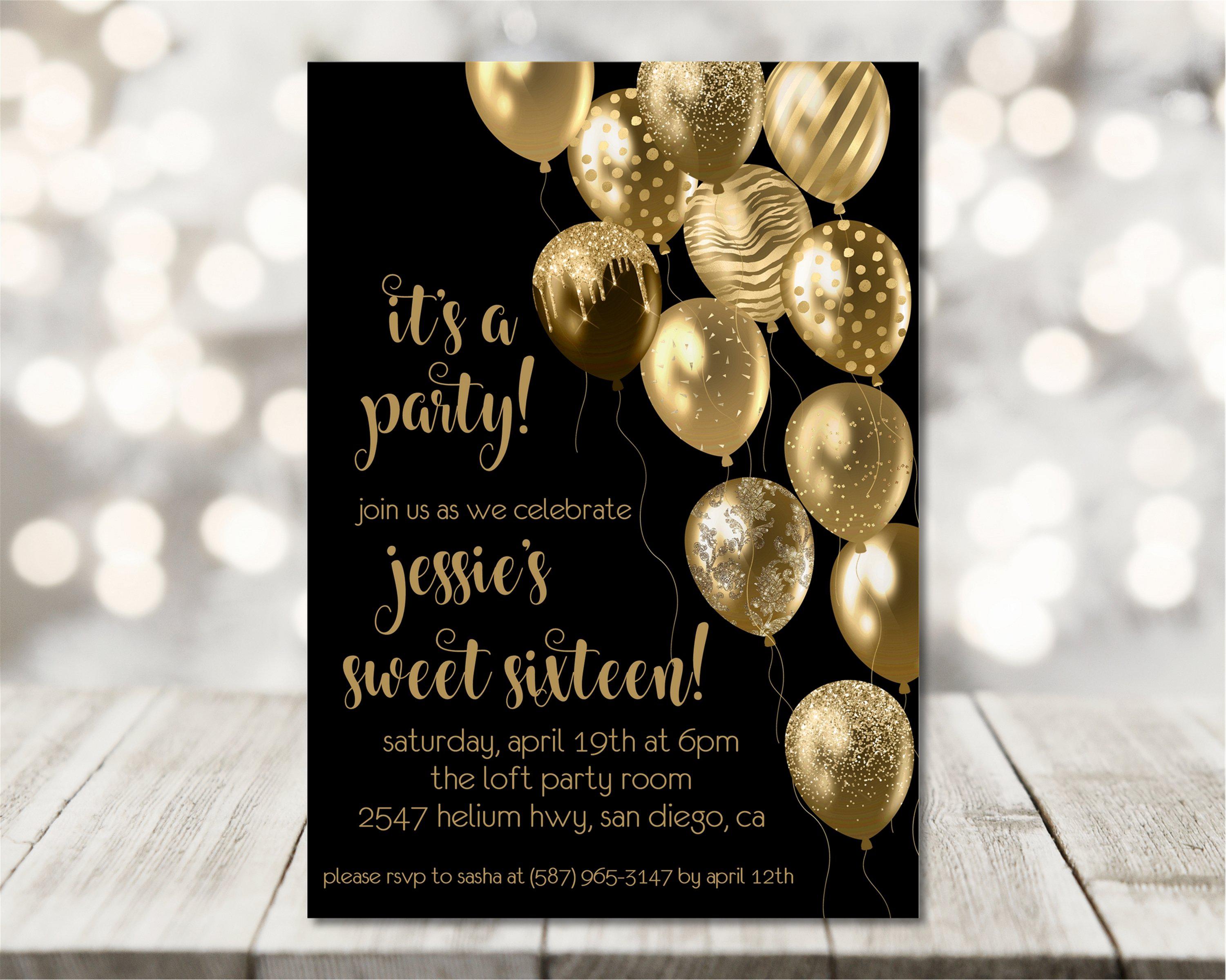 Gold And Black Balloon Sweet 16 Party Invitations