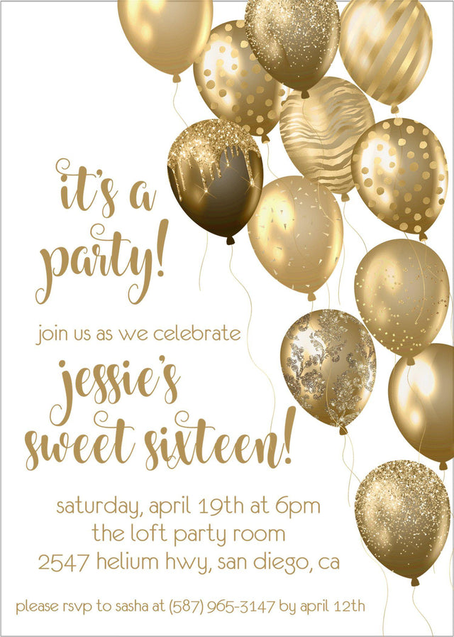 Gold Balloon Sweet 16 Party Invitations