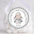 Gray and white snowman baby shower sticker with winter theme