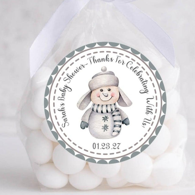 Gray and white snowman baby shower sticker with winter theme