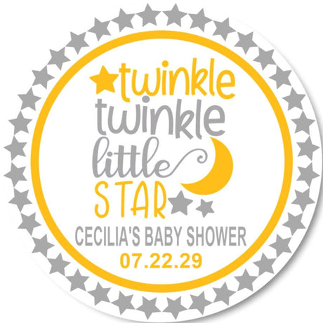 Gray and yellow Twinkle Little Star baby shower stickers.
