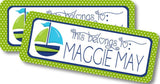 Green and blue nautical sailboat back to school name label