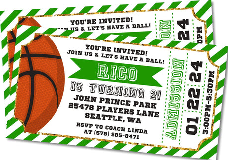 Green gold basketball birthday party invitation