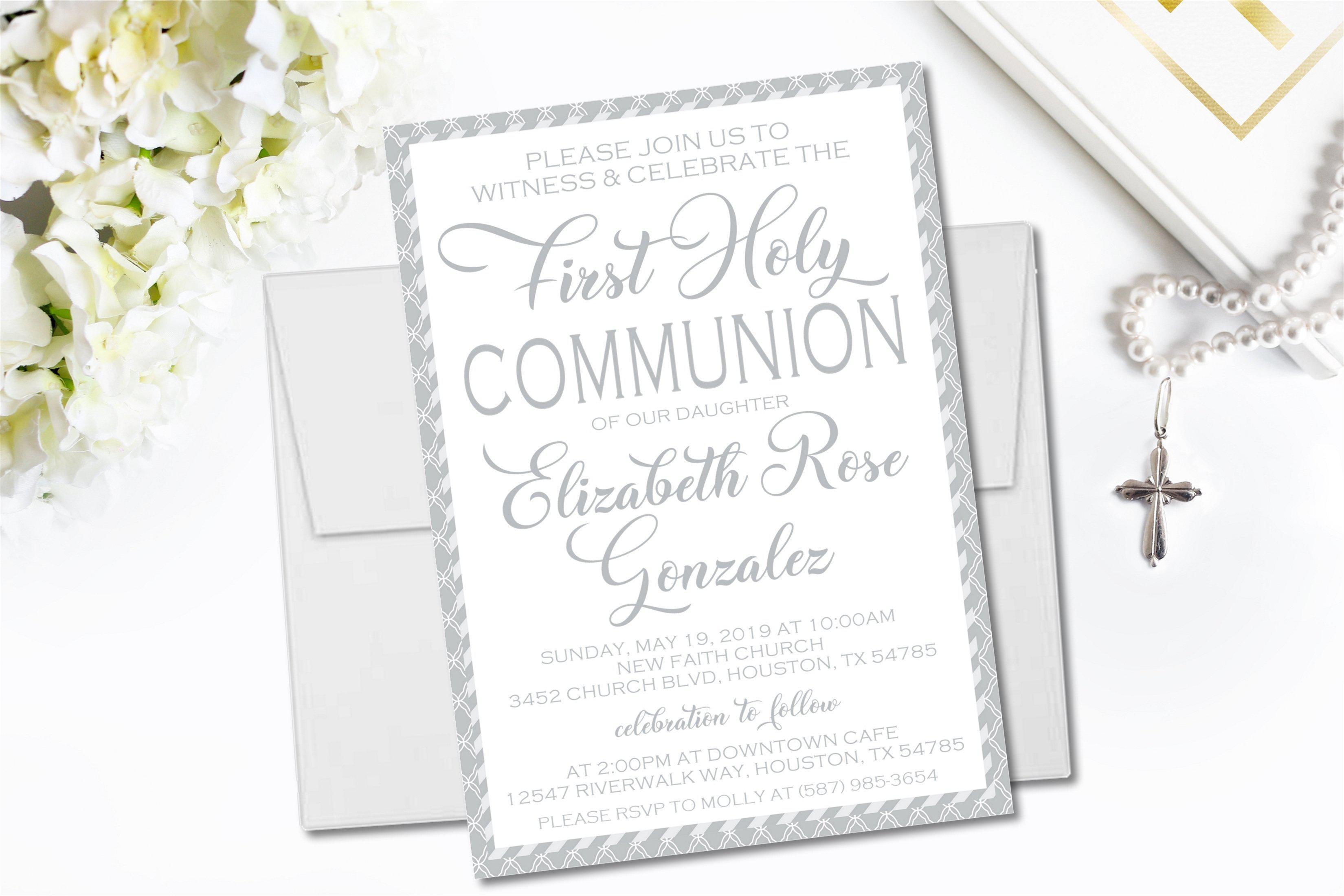 Grey And White First Communion Invitations