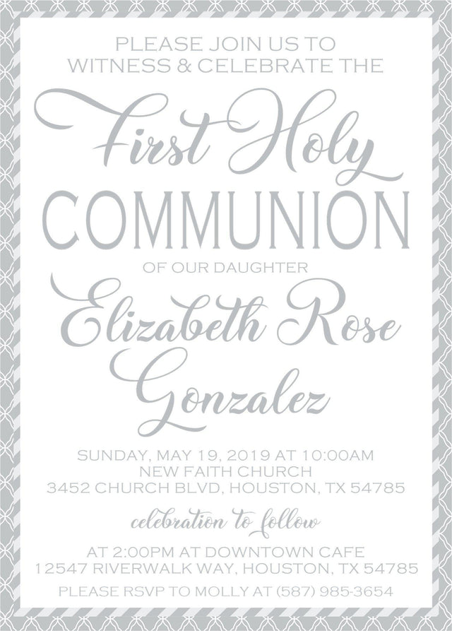 Grey And White First Communion Invitations