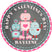 Grey robot Valentine favor sticker with heart graphics and red Valentine accents