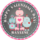 Grey robot Valentine favor sticker with heart graphics and red Valentine accents