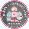 Grey robot Valentine favor sticker with heart graphics and red Valentine accents