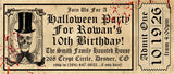 Halloween birthday invitation with distressed ticket artwork and vintage illustration
