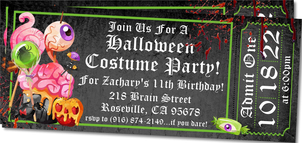 Halloween birthday ticket invitation with eyeball creature artwork and admission pass design