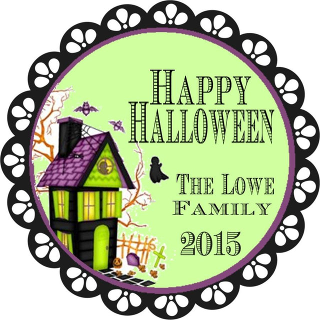 Haunted house Halloween sticker with green background and spooky details