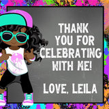 Hip hop birthday sticker with graffiti paint splatter border and girl character design