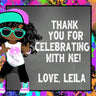 Hip hop birthday sticker with graffiti paint splatter border and girl character design