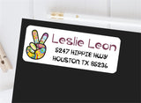 Hippie peace sign address labels with colorful retro artwork