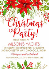 Holiday party invitation with seasonal floral artwork and personalized party details