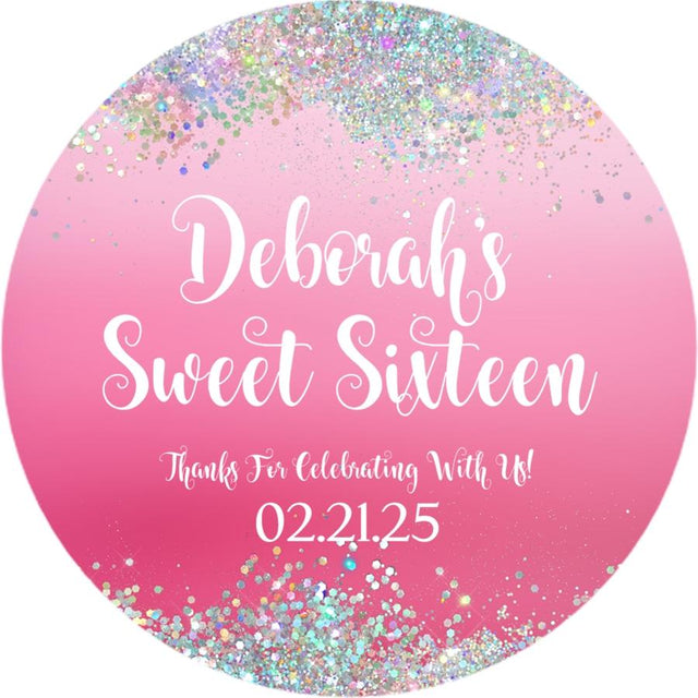 Hot pink Sweet Sixteen sticker with iridescent confetti