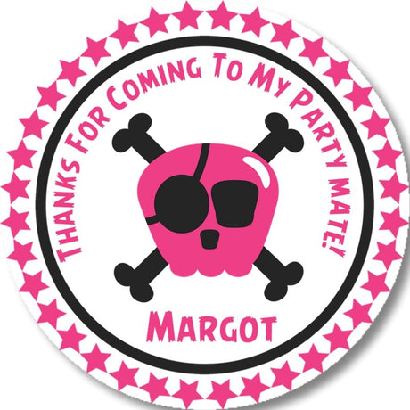 Hot pink pirate birthday sticker with skull design