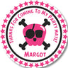 Hot pink pirate birthday sticker with skull design