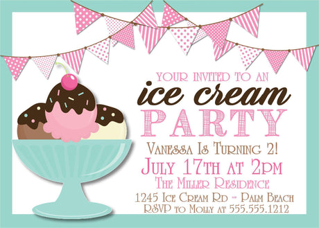 ice cream sundae birthday invitations pastel aqua theme