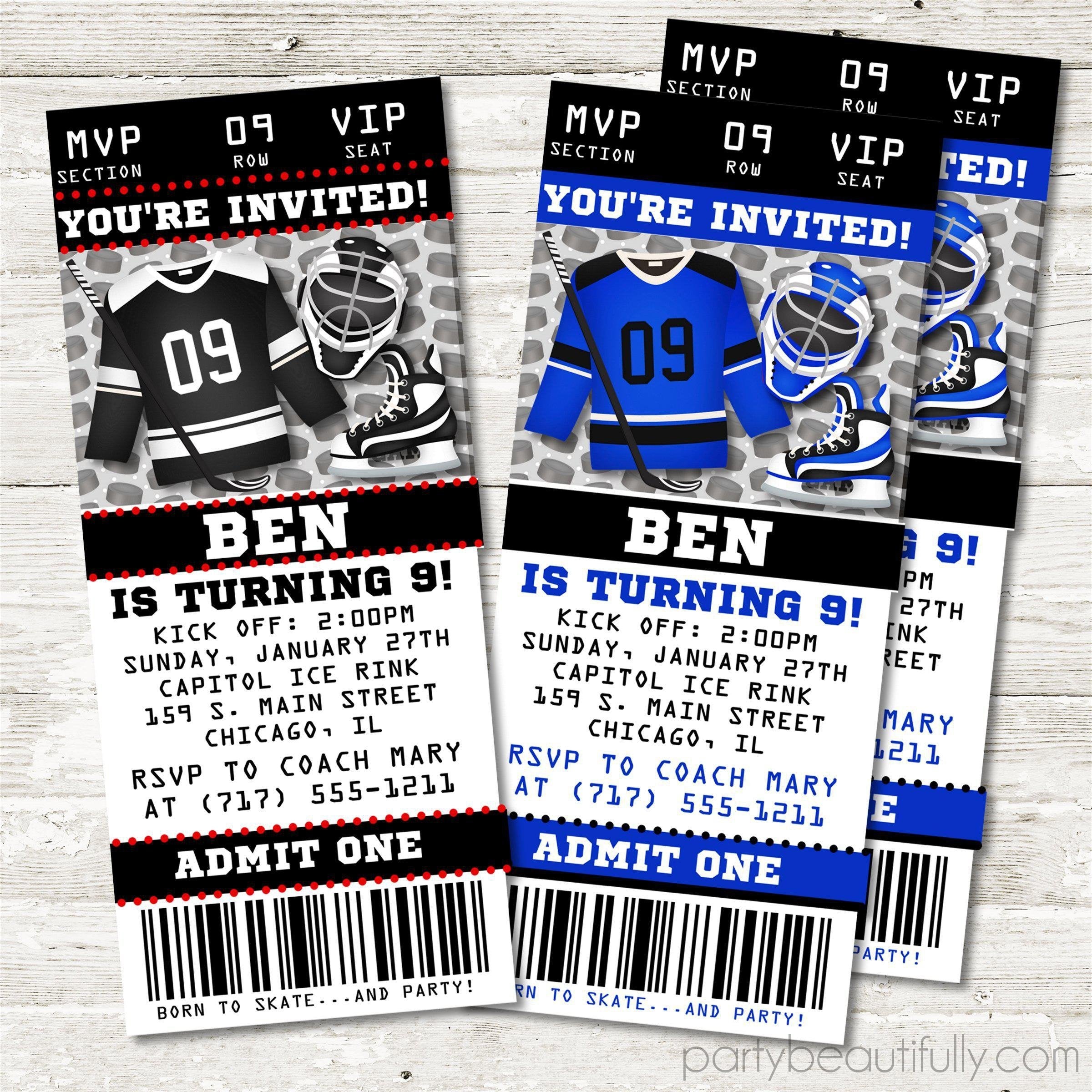 Ice Hockey Birthday Ticket Invitations