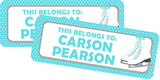 Ice skating name labels in blue with custom text