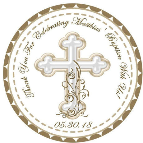 Ivory cross baptism sticker with elegant religious design