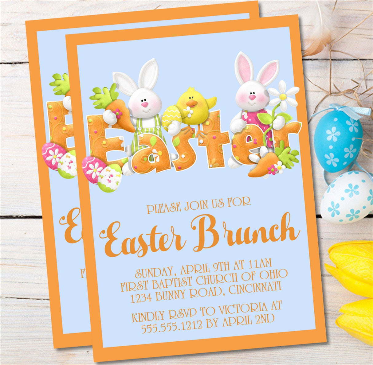 Kids Easter party invitation with decorated eggs and bunnies