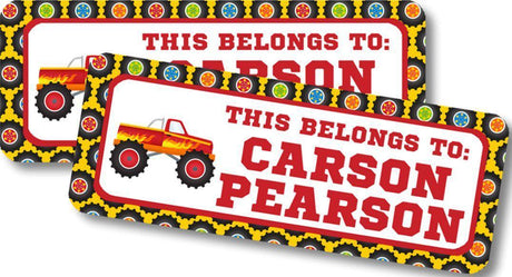 Kids monster truck name label with colorful tire pattern frame