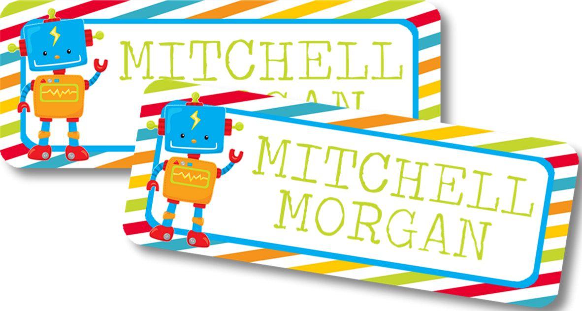 Kids robot school supply label with bold striped border