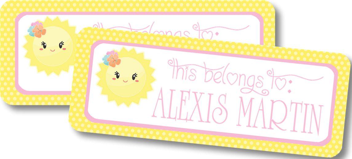 Kids school name label with smiling sun and flower detail