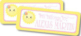 Kids school name label with smiling sun and flower detail