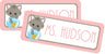 Kitten school supply label featuring blue fish bowl illustration